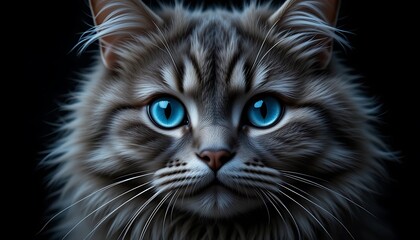 Fototapeta premium Close-up of a Fluffy Cat with Striking Blue Eyes on Black