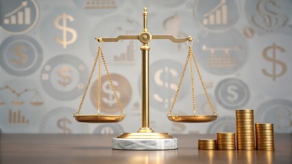 A golden balance scale symbolizes justice and finance, set against a backdrop of money and graphs, representing economic analysis and legal fairness.