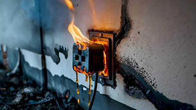 Electrical fire burning inside wall socket with melted wires and black smoke