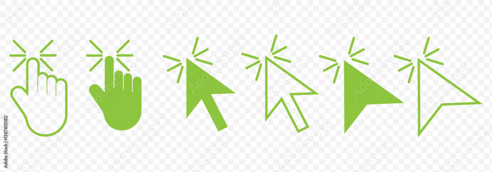 Poster green click icon. pointer cursor computer mouse icon collection. clicking the cursor. hand clicks. p