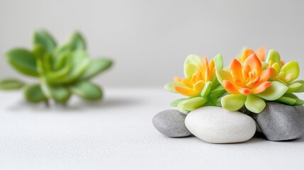 Fototapeta premium Two orange and green succulents rest on smooth gray and white stones. A blurred green succulent is in the background. The image is high-quality, brightly lit, and features a minimalist aesthetic. Wa