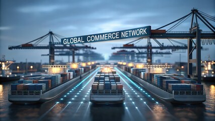 Fototapeta premium A futuristic port scene featuring container ships and cranes under the banner 