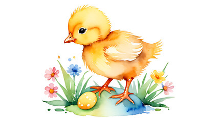 Cute Watercolor Chick with Easter Egg and Flowers Illustration