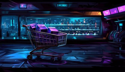 Shopping cart filled with packages in a store setting with city view at night