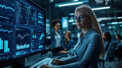 Businesswoman analyzing data on a computer in a modern office with colleagues discussing in background