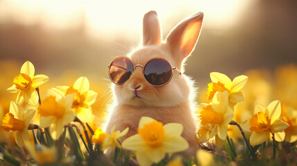 Fototapeta premium Fluffy orange bunny wearing sunglasses sits amidst yellow daffodils, bathed in sunlight. A cheerful spring scene, symbolizing joy and the arrival of warmer weather.