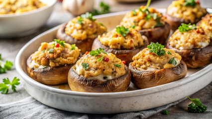 Savory stuffed mushrooms filled with delicious mixture and garnished with herbs on a white dish.