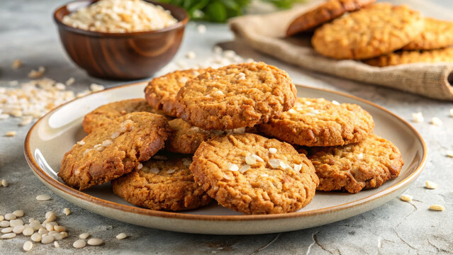 Plate of ANZAC biscuits with sesame seeds and oats on a textured background