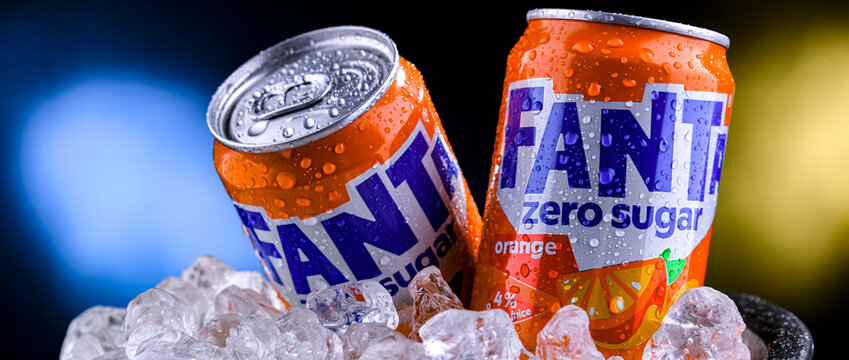 Cans of Fanta, a soft drink by The Coca Cola Company