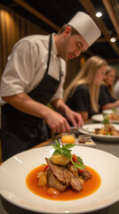 chef prepares gourmet dish with precision, showcasing culinary skills modern restaurant setting. vibrant plate features beautifully arranged food
