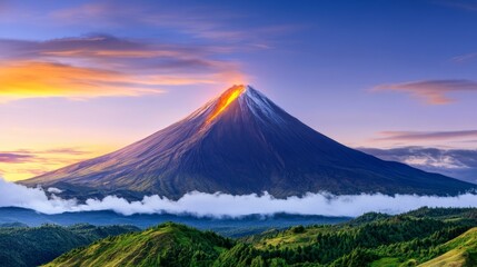 A cascading lava flow pouring down the side of an erupting volcano, glowing with molten fire