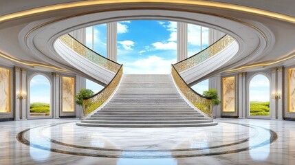 A cascading marble staircase leading up to a grand historical palace entrance