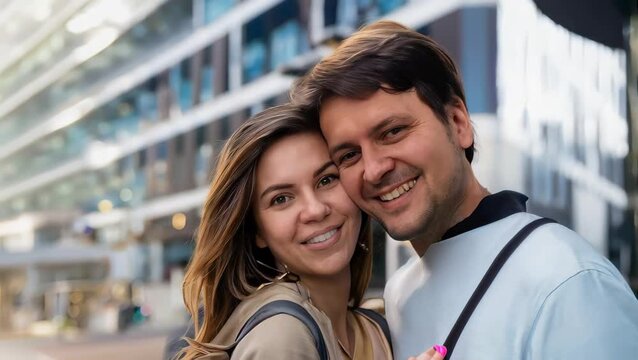 young happy couple smiling for camera in the city