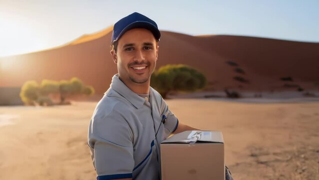 portrait of a delivery boy carrying a package