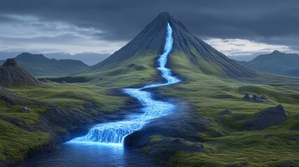 A cascading river of lava flowing down a volcanic crater, glowing intensely in the dark