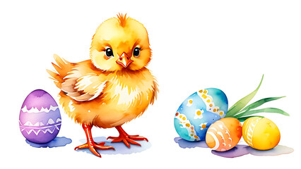 Watercolor Easter Chick with Decorated Eggs Holiday Spring Celebration Art