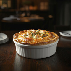 Delicious chicken pot pie in white ceramic dish, golden crust, and garnished with herbs, perfect for cozy meal