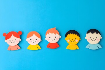 A row of paper cutout children, each smiling and wearing colorful in different colors, on a light blue background, in a flat lay composition