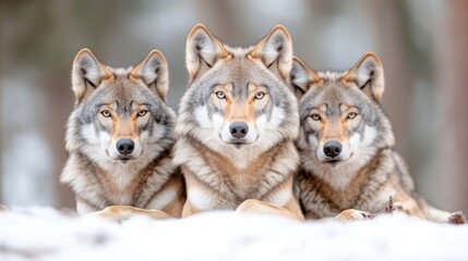 Obraz premium Three wolves rest in the snow. The central wolf is framed by two others. The image is high-resolution with natural lighting. A calm, serene style conveys a sense of wild beauty. Cool grays and bro