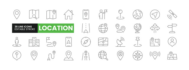 Set of 36 Location line icons set. Location outline icons with editable stroke collection. Includes Navigation, GPS, Live location, Satellite, Office, and More.