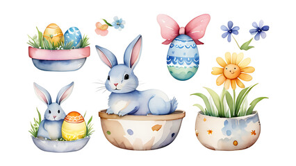 Easter Bunnies and Decorated Eggs Watercolor Illustration for Spring Holiday