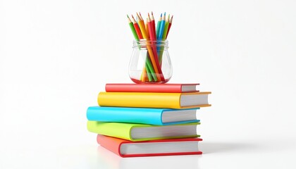 Fototapeta premium Stack of colorful books with pencils in jar on white. Education, learning, school supplies concept. Books, colored pencils. Back to school, knowledge, study. Creative learning, art.
