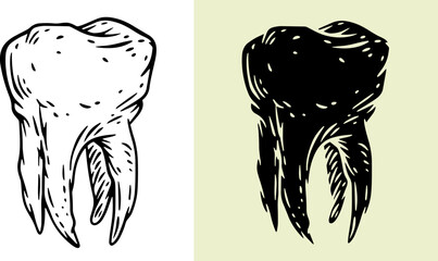 Tooth silhouette in hand drawn style. Set design element for print, tattoo, healthcare in outline and fill version. Vintage vector illustration.