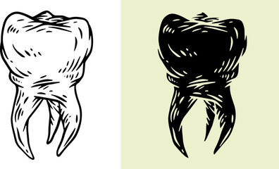 Tooth silhouette in hand drawn style. Set design element for print, tattoo, healthcare in outline and fill version. Vintage vector illustration.