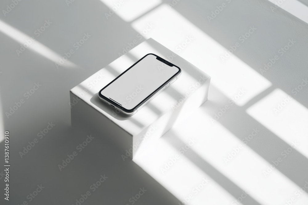 Poster Sleek modern smartphone placed on a clean white surface with soft diffused lighting creating a minimalist aesthetic in a contemporary setting