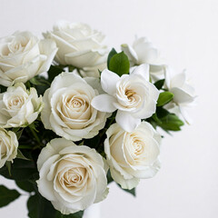 Obraz premium Close-up of creamy white roses and gardenias bouquet, delicate petals and soft texture, symbolizing purity, elegance, and serenity, ideal for wedding or luxury branding