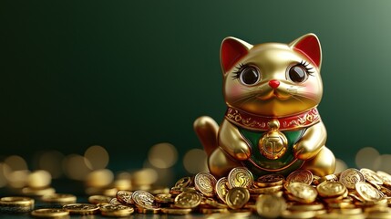 Golden lucky cat figurine on a pile of coins