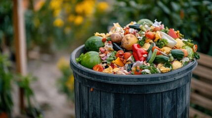A trash can filled with an abundance of food waste. This image can be used to highlight excessive food consumption, wastefulness, or the importance of reducing food waste.
