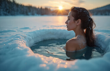 Young woman enjoys ice bath through hole in frozen lake. Health, wellness practice, cold plunge in snowy winter, extreme therapy. Calm female, relaxation, meditation, well being. Sunset on background.