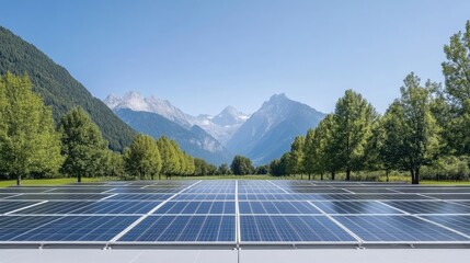 A large solar panel array stretches across the foreground. Lush green trees line a valley, with snow-capped mountains forming a majestic backdrop. The image is high-resolution, showcasing vibrant co
