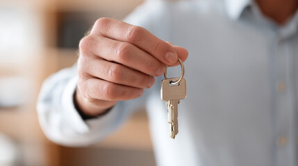 A person holding a silver key in their hand with a blurred background and wearing a light blue shirt