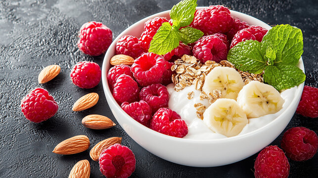 Healthy Breakfast in a Bowl with Fresh Fruits, Nuts, and Seeds, Promoting Health and Healthy Eating Habits - Close-Up