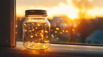 Golden sunlight illuminates glass jar filled with fairy lights