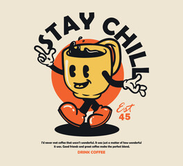 Groovy funky vector of coffee cup mascot illustration cartoon style, retro and trendy graphic design for fashion wear, street wear, clothing line, apparel and urban style t shirt design, hoodies, etc.