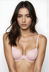 Obraz premium Close up portrait of charming beautiful attractive sexy bra woman with no-make-up closed eyes showing her big breast isolated on white background copy-space
