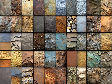 Rock textures collage, diverse samples, close-up