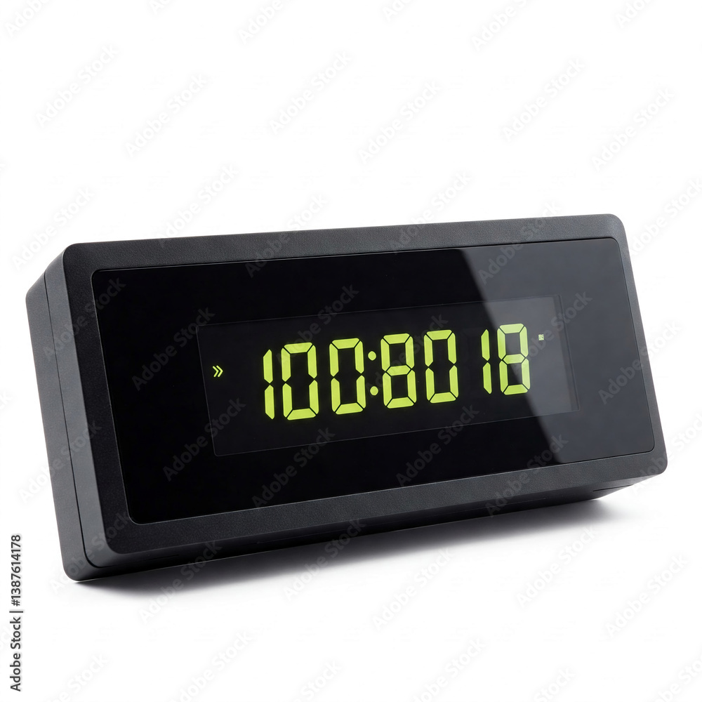 Poster black rectangular digital clock displays green time, showcasing minimalist design, ideal for modern 