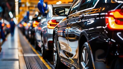 A modern car manufacturing plant showcasing automobiles on an assembly line in a state-of-the-art factory setting.