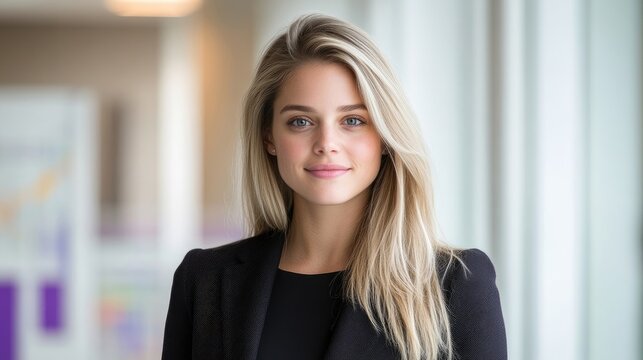 A young woman with long blonde hair smiles softly. She wears a black blazer. The image is well-lit and high-resolution, showcasing her features clearly. The style is simple and elegant, creating a pr