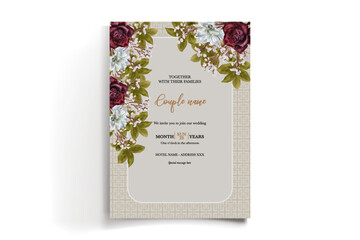 WEDDING INVITATION FRAME WITH FLOWER DECORATIONS AND FRESH LEAVES