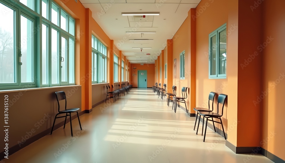 Poster long school corridor with rows of chairs. sunlight shines through the windows. empty classroom, hall