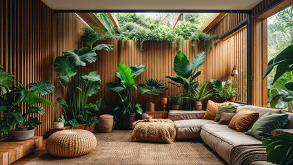 Serene Indoor Oasis With Lush Green Plants And Natural Light Accentuating Wooden Textures
