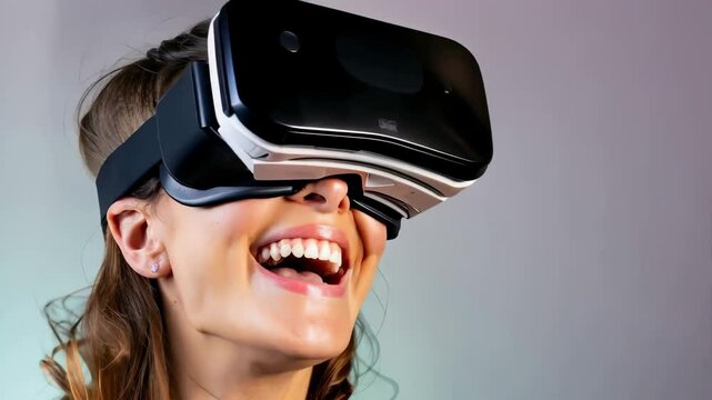 portrait of a young woman wearing an augmented reality VR visor, making a wonder expression