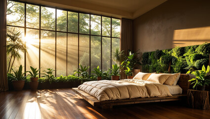 Sunlight Streams Into A Green Oasis Bedroom With Wooden Accents