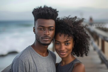 Fototapeta premium Portrait of a young African American couple on the boardwalk in Los Angeles
