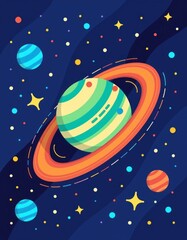 Naklejka premium Colorful Cartoon Planet with Rings in Space Fun Galaxy Illustration
